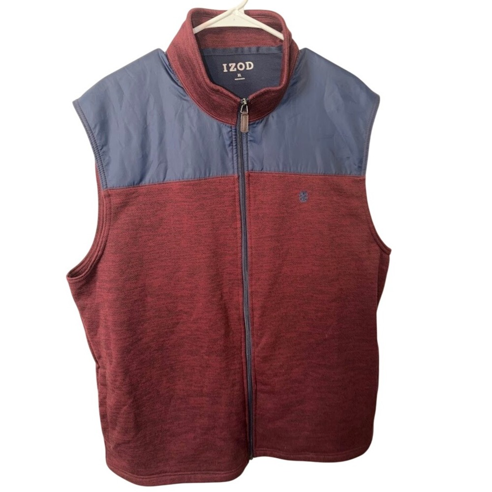 IZOD Mens Full Zip Vest Burgundy Navy Color Block Mock Neck Size XL 45GK017